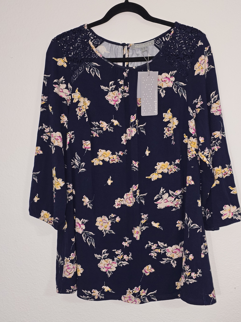 Daniel Rainn Navy Floral Lace-Yoke Blouse